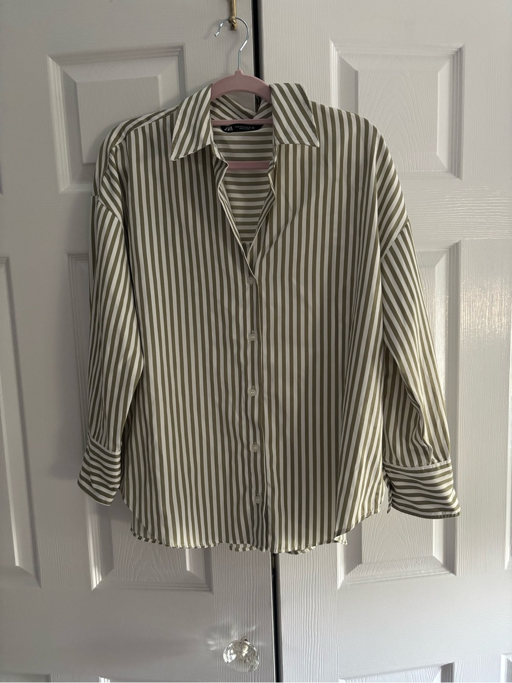 Zara Olive Green and White Striped Button-Down Shirt